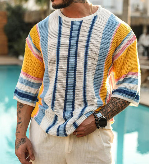 NEW Men's Summer Leisure Half-Sleeve Striped Pullover
