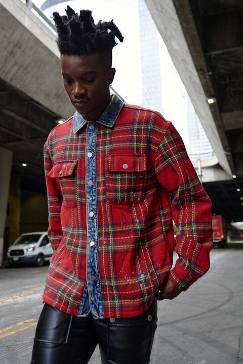 [NEW][LIMITED] First Row L.A. - Flannel Shacket /w Denim Contrast
