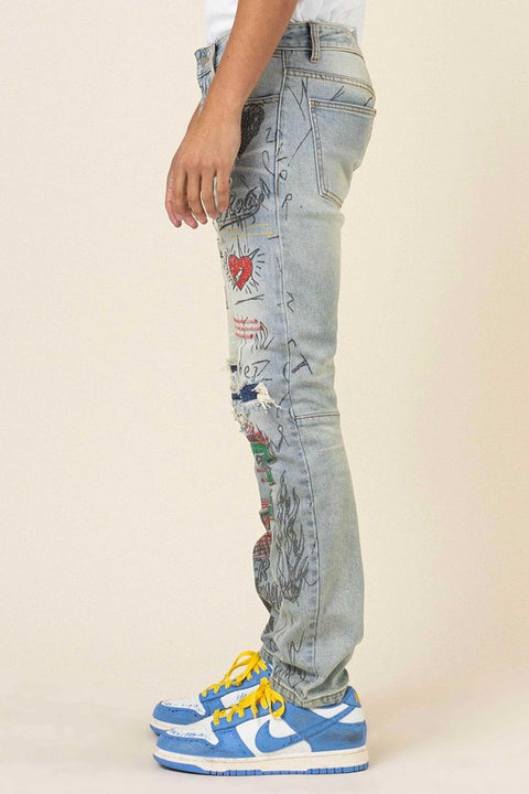 [LIMITED EDITION] First Row L.A. - ALLOver Doodling Slim Fit Denim Jeans