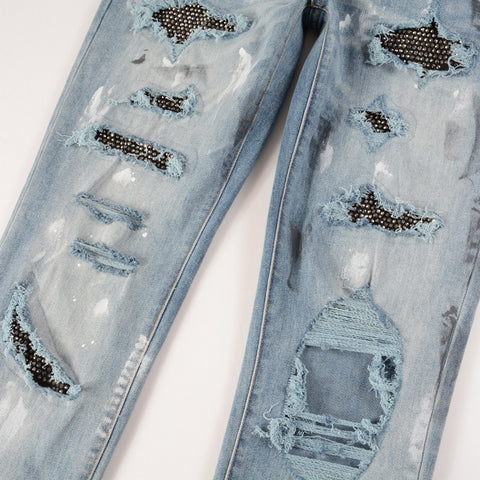 NEW Men's Knife Ripped Studded Premium Jeans