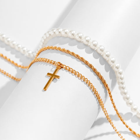 Men's Three-Layer Pearl Cross Necklace