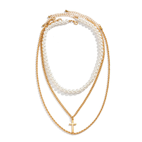 Men's Three-Layer Pearl Cross Necklace