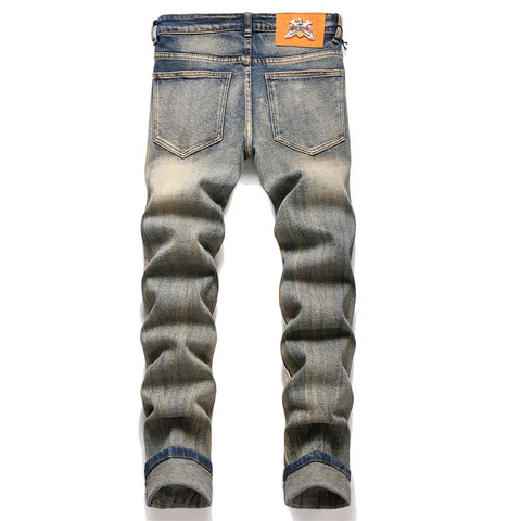 Men's Multi-Pocket Ripped Mid-Waist Slim Stretch Denims