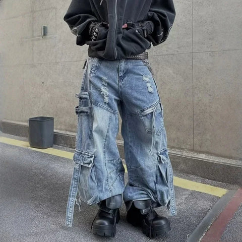 Washed Blue Distressed Wide Leg Cargo Jeans