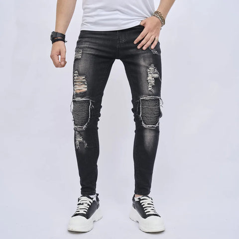 Men's Patch-Ripped Pencil Jeans