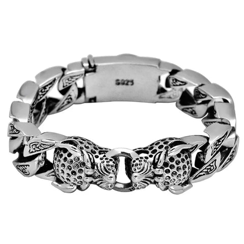 S925 Silver Double Leopard Head Horsetail Woven Bracelet