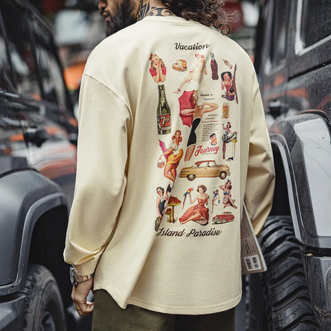 UNCLEFU Pin-Up-Girl Back-Print Long-Sleeve T-Shirt