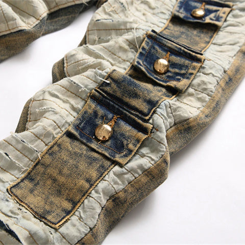 Men's Multi-Pocket Ripped Mid-Waist Slim Stretch Denims