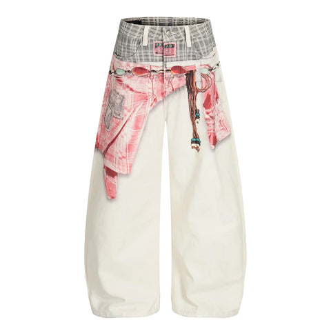 IFB Waist Wrap Shirt Print Wide Leg Jeans