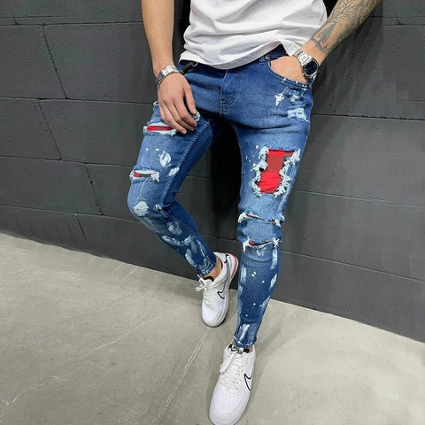 Men's Patchwork Cotton Stretch Ripped Skinny Jeans