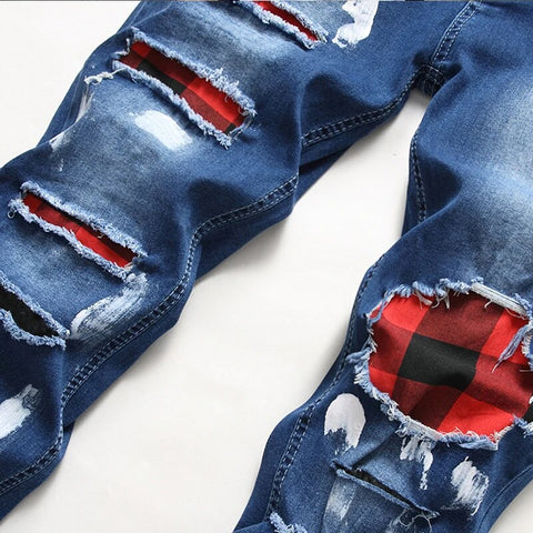 Men's Patchwork Cotton Stretch Ripped Skinny Jeans