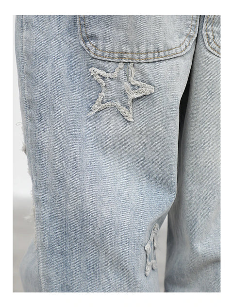 Men's Star-Embroidered Micro Horn Loose Fit Jeans