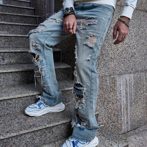 Men's Distressed Loose-Fit Ripped Straight Cut Jeans
