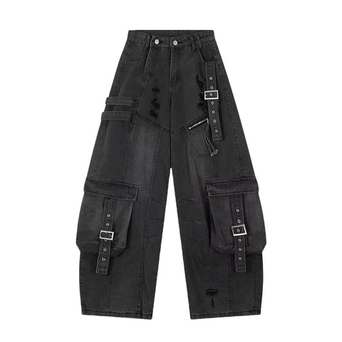 Washed Blue Distressed Wide Leg Cargo Jeans