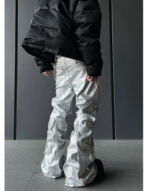 MACARDI Wide Boot Leg Crocodile Print Pu Leather Pants