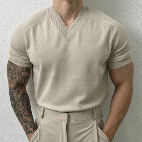 Knit V Neck Short-Sleeved T-Shirt