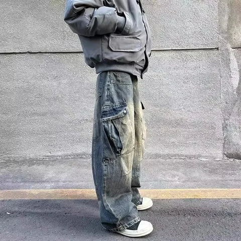 Retro Blue Knife Edge Cargo Jeans