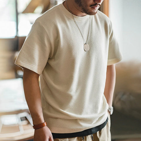 MADEN T-shirt gaufré en tricot à col rond rétro fait à la main