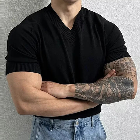 Knit V Neck Short-Sleeved T-Shirt