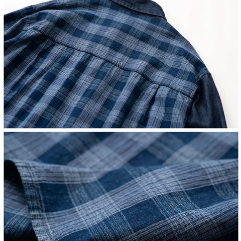 Manteau chemise à manches longues en patchwork à carreaux et en denim