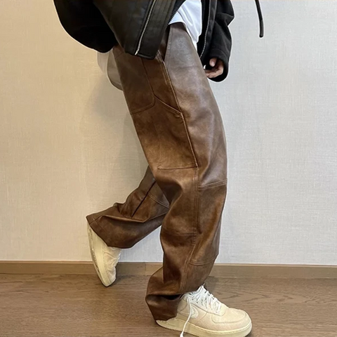 MACARDI Distressed Washed Brown PU Leather Wide Leg Pants