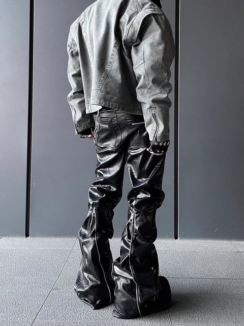 MACARDI Wide Boot Leg Crocodile Print Pu Leather Pants