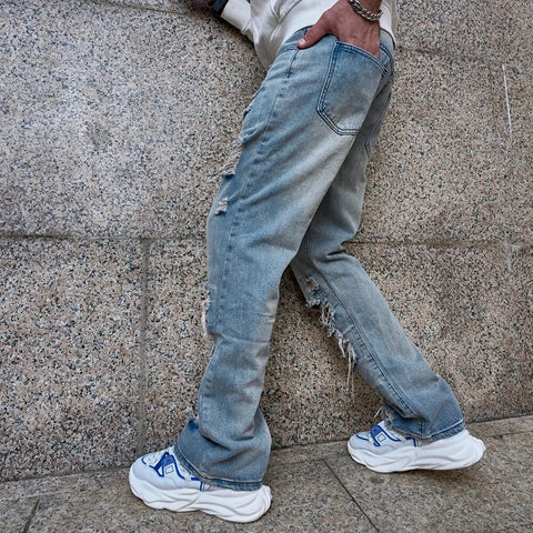 Men's Distressed Loose-Fit Ripped Straight Cut Jeans