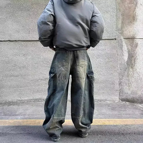 Retro Blue Knife Edge Cargo Jeans