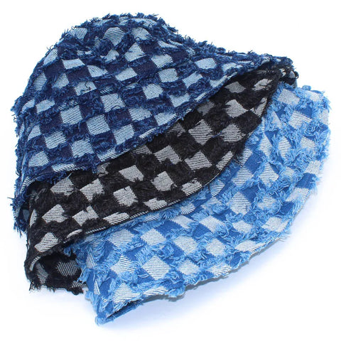 MOKATI Chapeau bob unisexe rétro à carreaux et pompon en denim