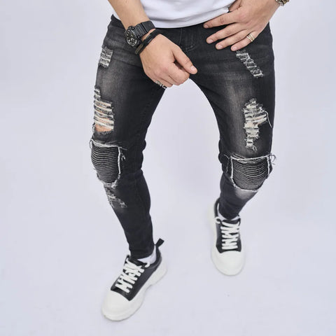 Men's Patch-Ripped Pencil Jeans