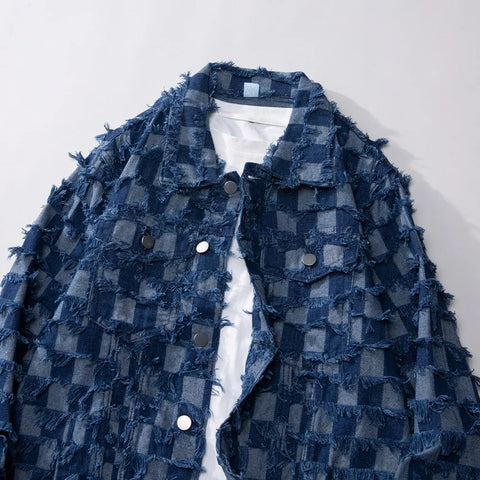 Men's Retro Blue Plaid Tassel Denim Jacket