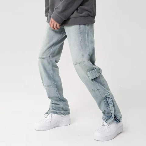 NOUVEAU Jean droit bleu délavé avec fermeture éclair à la cheville pour hommes