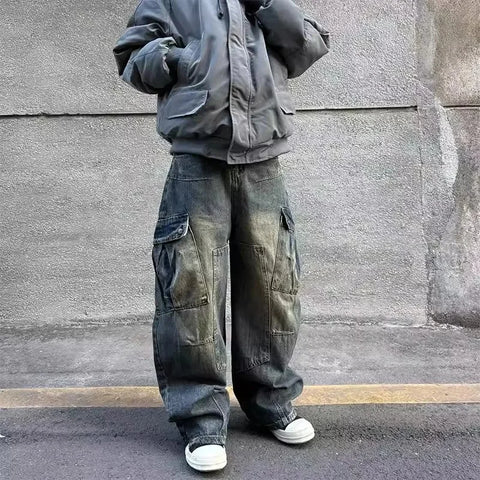 Retro Blue Knife Edge Cargo Jeans