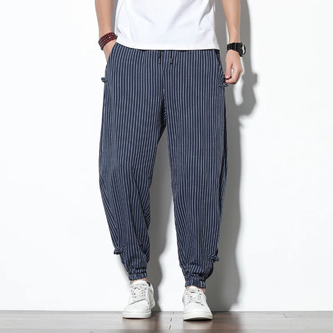 Men's Striped Cotton-Linen Harem Pants