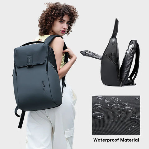 Woman wearing a black Bange backpack with additional views and waterproof material feature on a light gray background