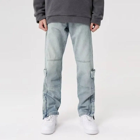 NOUVEAU Jean droit bleu délavé avec fermeture éclair à la cheville pour hommes