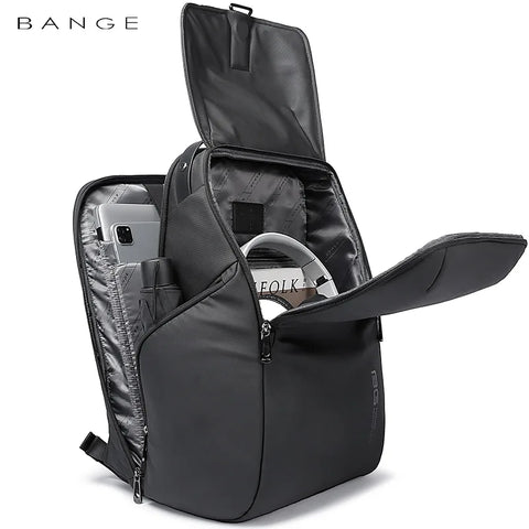 Black backpack with open compartments showing electronic devices, brand 'Bange' visible