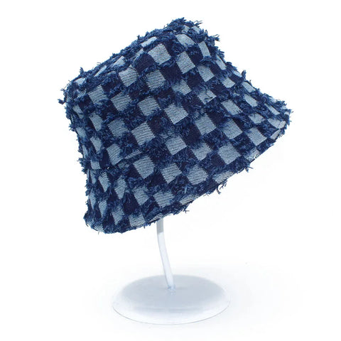 MOKATI Chapeau bob unisexe rétro à carreaux et pompon en denim