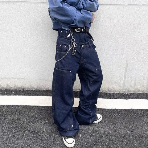 FEWQ Rivets Double Waistband Wide Leg Straight Jeans