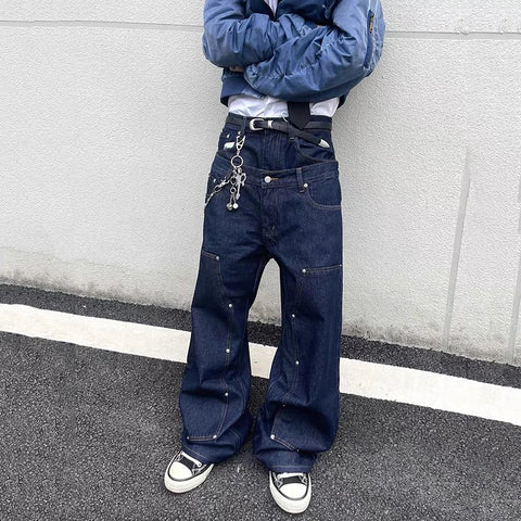 FEWQ Rivets Double Waistband Wide Leg Straight Jeans