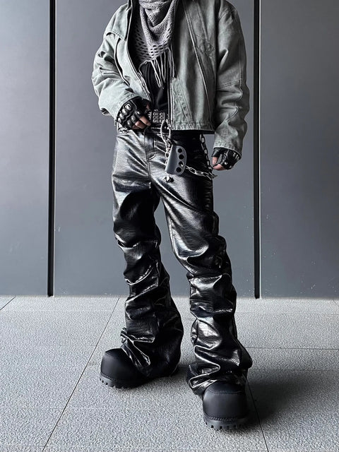 MACARDI Wide Boot Leg Crocodile Print Pu Leather Pants