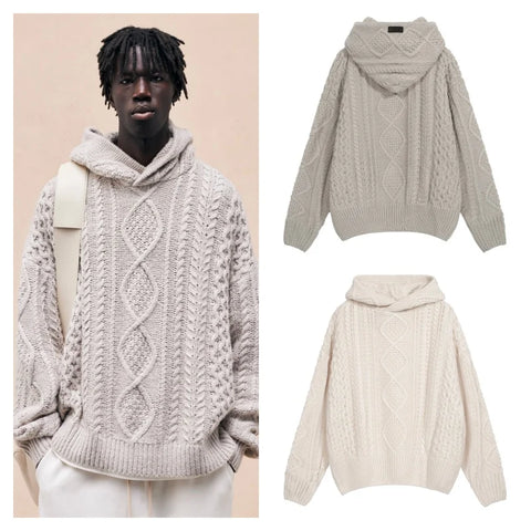 NEW ESSENTIALS Pullover Chunky Knit Hooded Wool Sweater