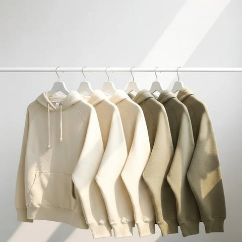 Heavy hooded sweaters in beige and brown on hangers against a white background