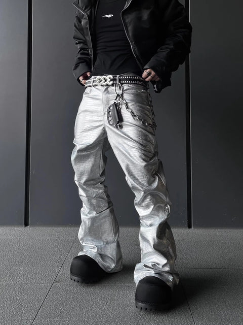 MACARDI Wide Boot Leg Crocodile Print Pu Leather Pants