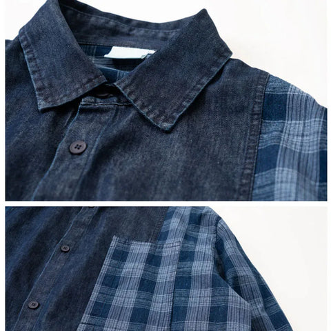 Manteau chemise à manches longues en patchwork à carreaux et en denim