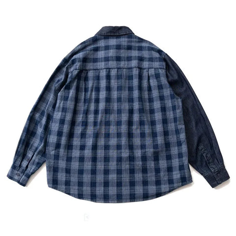 Manteau chemise à manches longues en patchwork à carreaux et en denim
