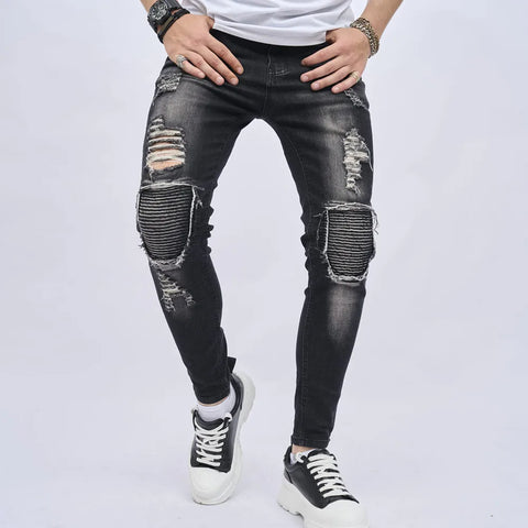 Men's Patch-Ripped Pencil Jeans