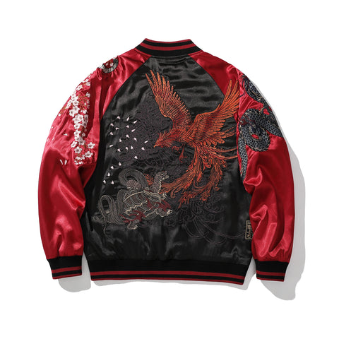The back of a red and black bomber jacket with a phoenix and dragon embroidery.
