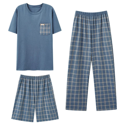 3pc/set Men's Plaid Cotton Pajamas Set