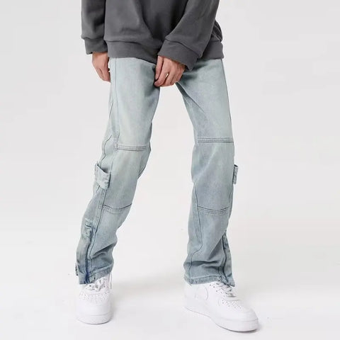 NOUVEAU Jean droit bleu délavé avec fermeture éclair à la cheville pour hommes